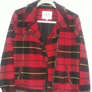Red Plaid Fleece Moto Jacket